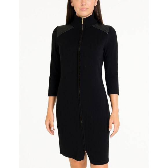 Calvin Klein Black Full Zip Sweater Dress Leather quilted Shoulders gold SZ SM - Picture 1 of 8